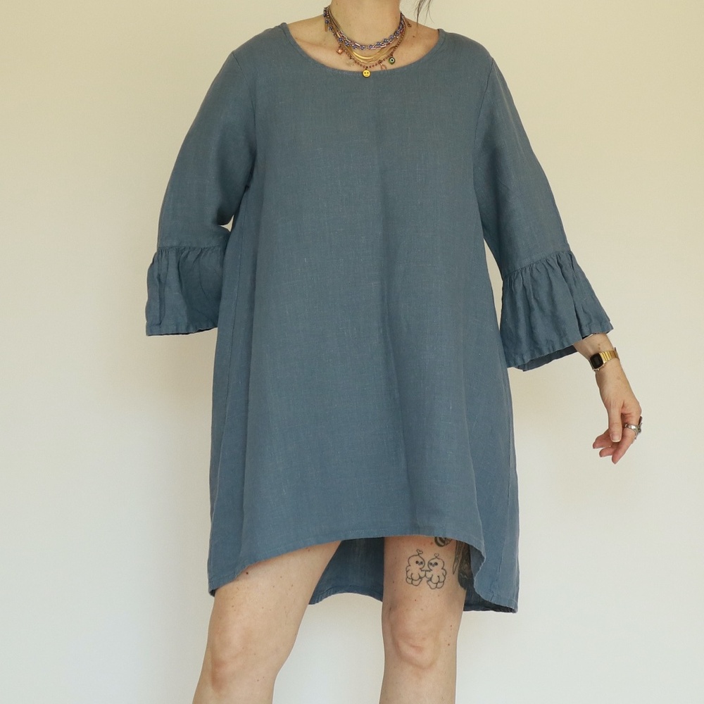 bryn WALKER - Blue Phryne 100% Linen Bell Sleeve TUNIC - Size S